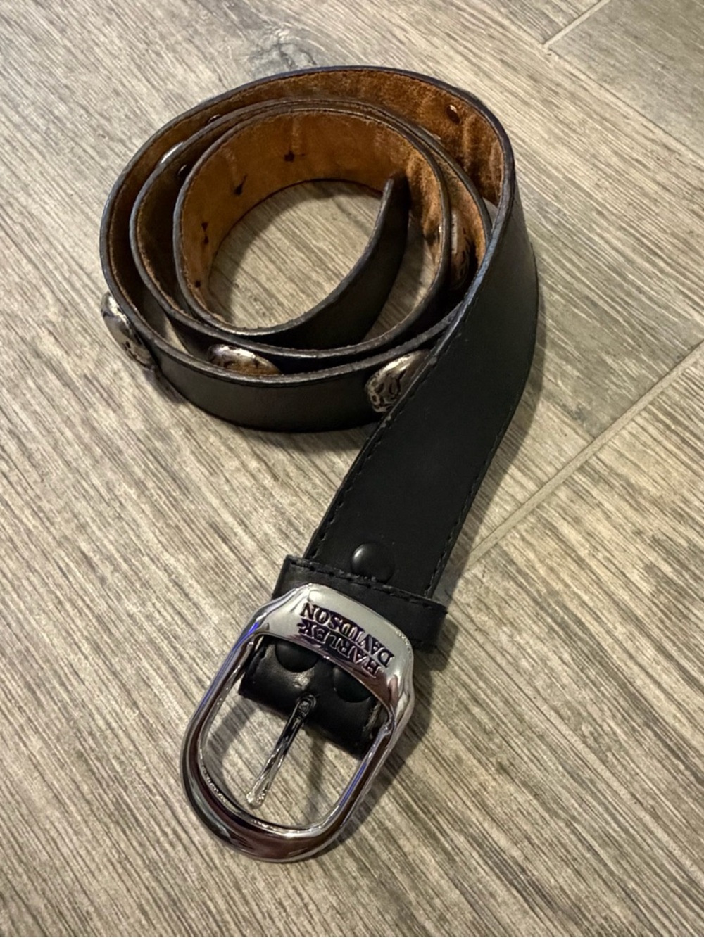 Harley Davidson L Belt Mens Black Leather Metal Skull Logo Rare Biker Vintage